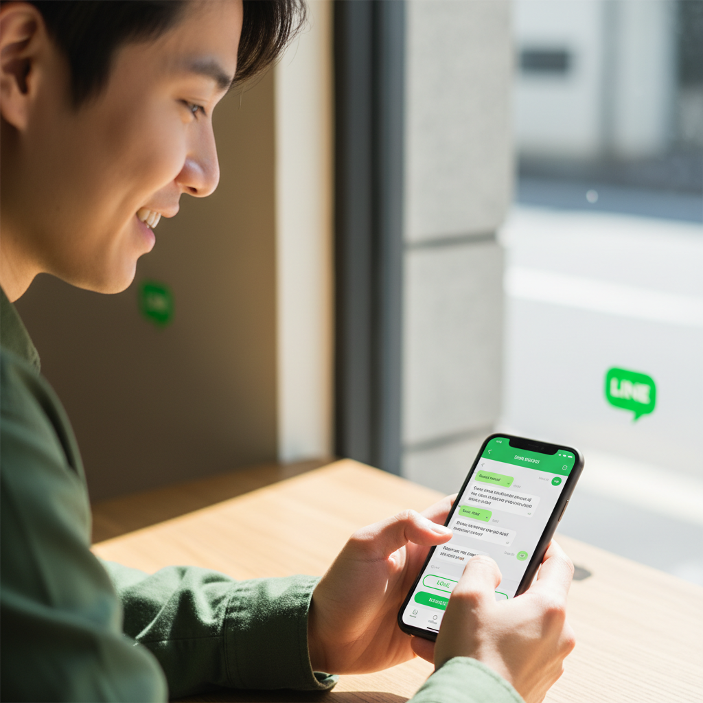カフェでLINEチャットを楽しむお客様の実写写真